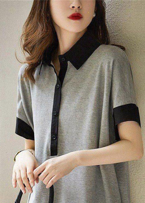 Black Peter Pan Collar Button Cotton Maxi Dresses Short Sleeve