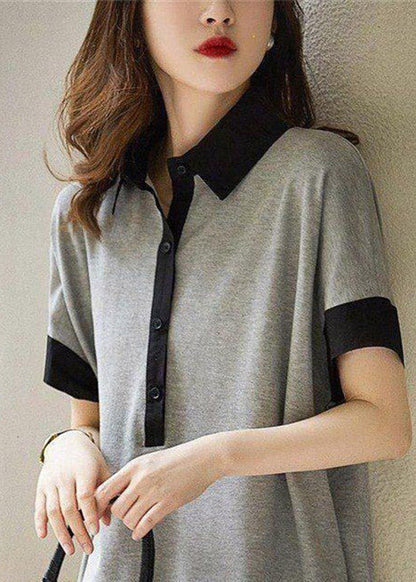 Print1 Peter Pan Collar Button Cotton Maxi Dresses Short Sleeve