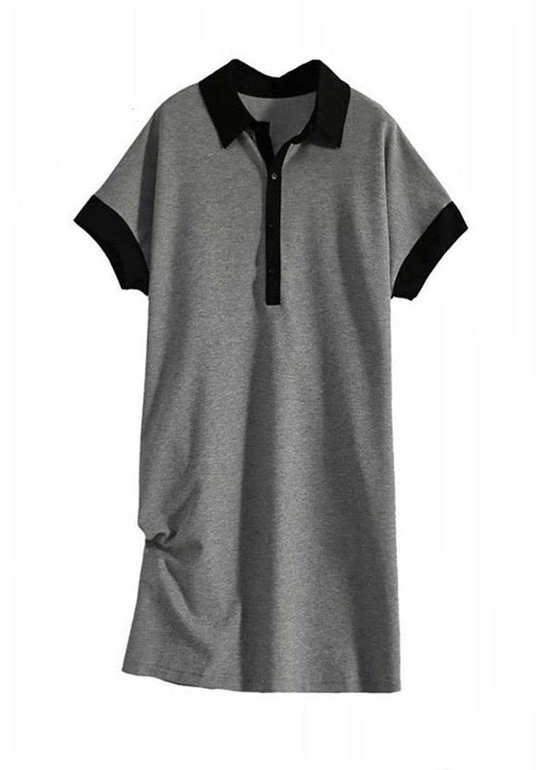 Print2 Peter Pan Collar Button Cotton Maxi Dresses Short Sleeve