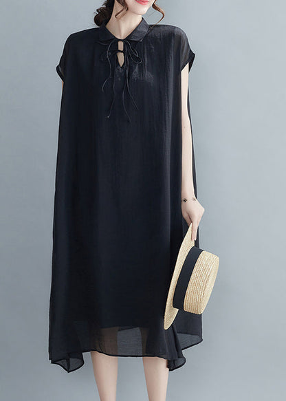 Black Peter Pan Collar Chiffon Holiday Dress Short Sleeve