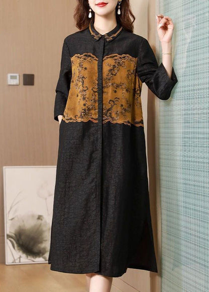 Black Peter Pan Collar Embroidery Patchwork Silk Cinch Trench Spring