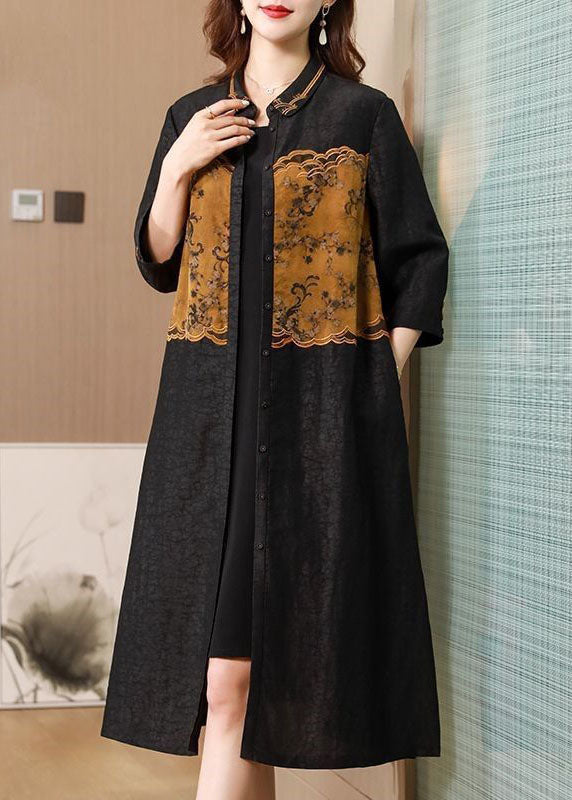 Black Peter Pan Collar Embroidery Patchwork Silk Cinch Trench Spring