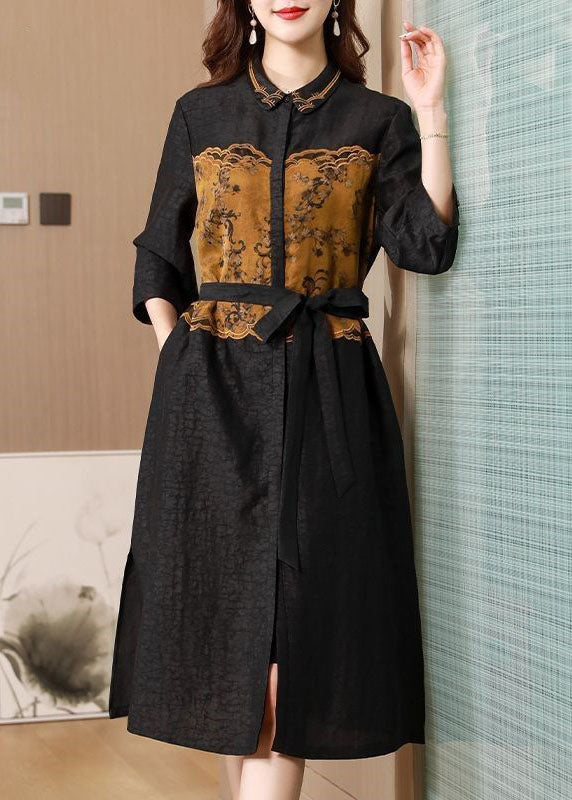 Black Peter Pan Collar Embroidery Patchwork Silk Cinch Trench Spring