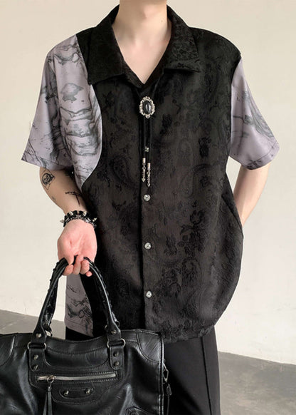 Black Peter Pan Collar Jacquard Patchwork Ice Silk Shirts Summer