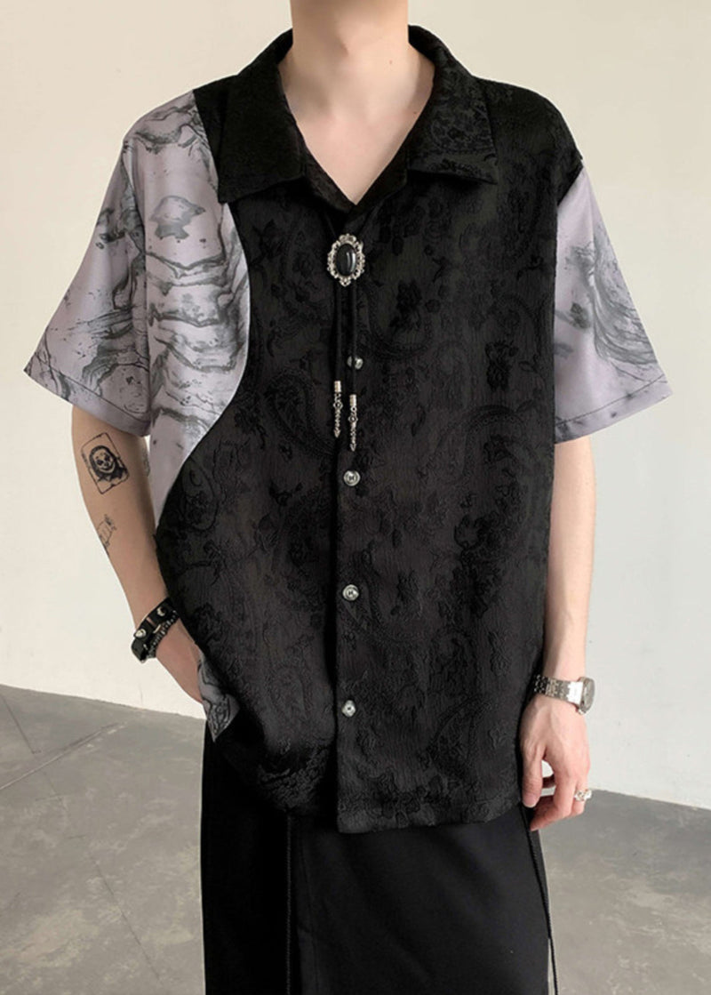 Black Peter Pan Collar Jacquard Patchwork Ice Silk Shirts Summer