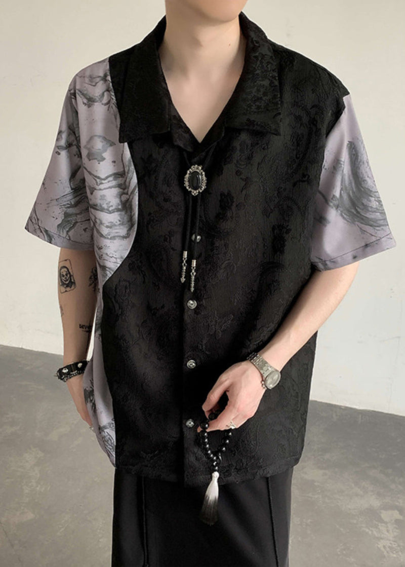 Black Peter Pan Collar Jacquard Patchwork Ice Silk Shirts Summer