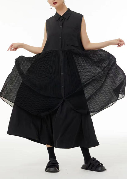 Black Peter Pan Collar Patchwork Chiffon Pleated Dress Sleeveless