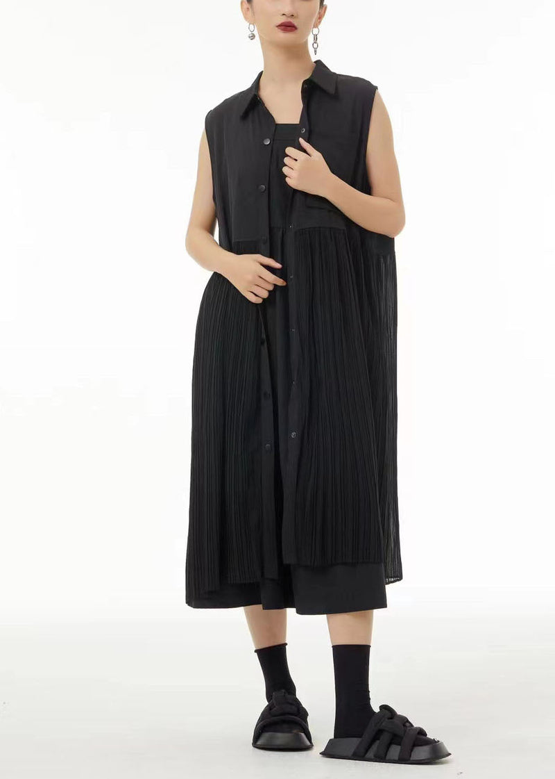 Black Peter Pan Collar Patchwork Chiffon Pleated Dress Sleeveless