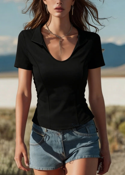 Black Peter Pan Collar Patchwork Cotton Top Summer