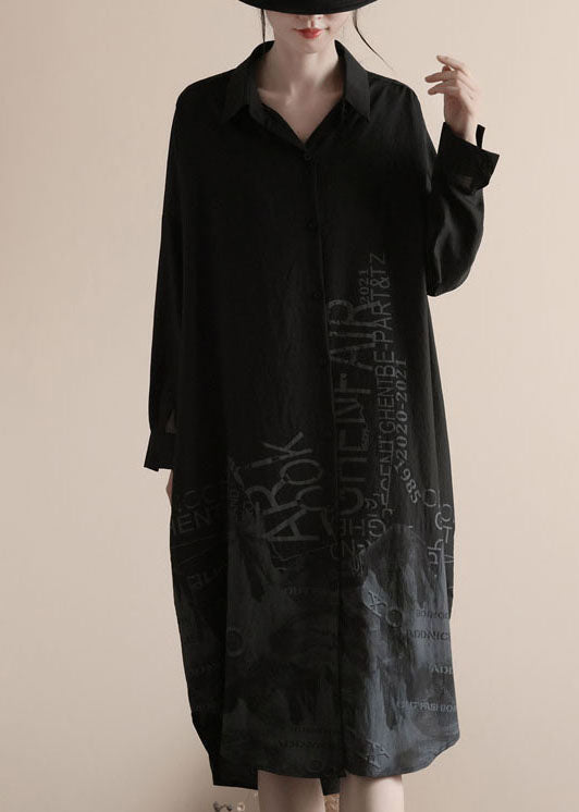 Black Peter Pan Collar Patchwork Linen Shirts Dress Spring