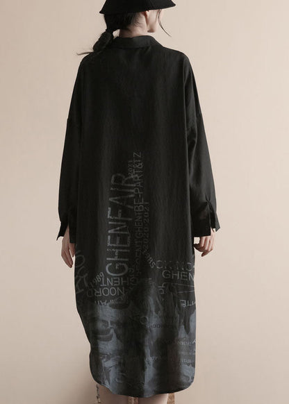 Black Peter Pan Collar Patchwork Linen Shirts Dress Spring