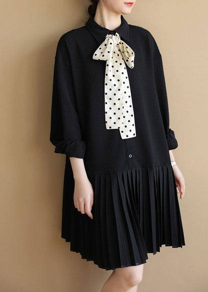 Black Peter Pan Collar Patchwork Plaid Bow Necktie Cotton Pleated Dress Long Sleeve