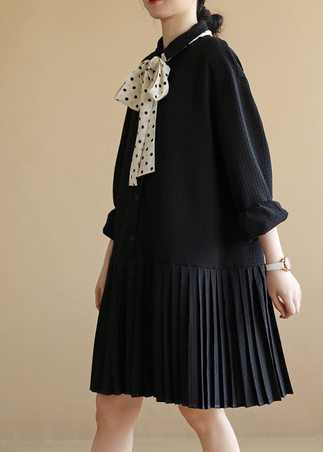 Black Peter Pan Collar Patchwork Plaid Bow Necktie Cotton Pleated Dress Long Sleeve