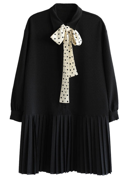 Black Peter Pan Collar Patchwork Plaid Bow Necktie Cotton Pleated Dress Long Sleeve