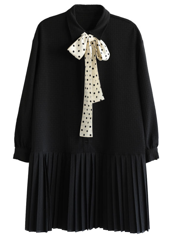 Black Peter Pan Collar Patchwork Plaid Bow Necktie Cotton Pleated Dress Long Sleeve