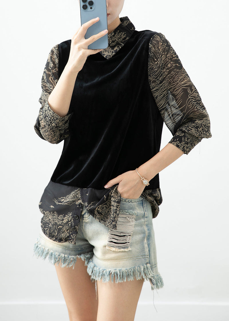 Black Peter Pan Collar Patchwork Silk Velour Shirt Top Fall