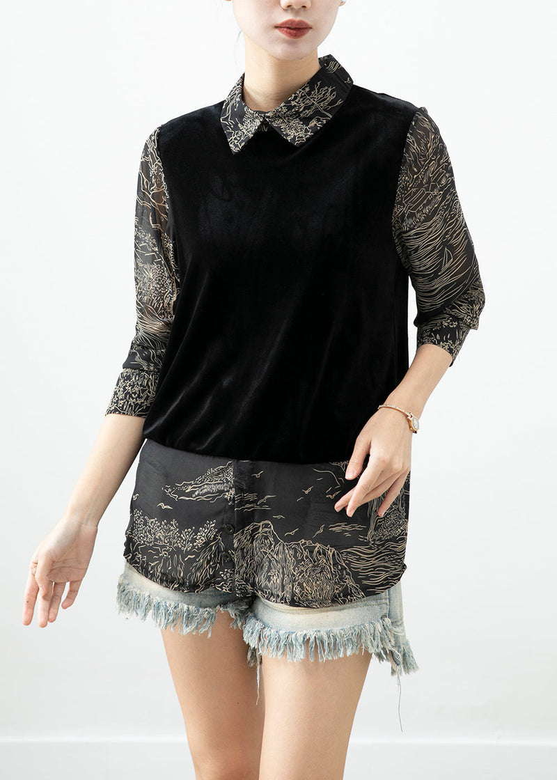 Black Peter Pan Collar Patchwork Silk Velour Shirt Top Fall