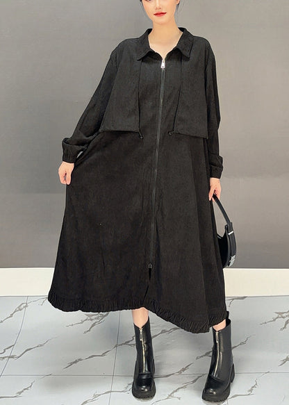 Black Peter Pan Collar Pockets Corduroy Maxi Trench Coats Winter