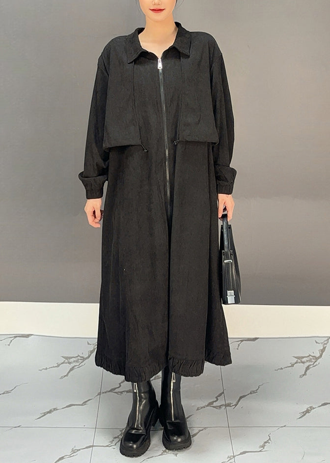 Black Peter Pan Collar Pockets Corduroy Maxi Trench Coats Winter
