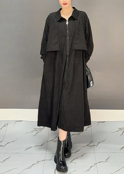 Black Peter Pan Collar Pockets Corduroy Maxi Trench Coats Winter