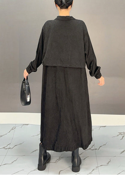 Black Peter Pan Collar Pockets Corduroy Maxi Trench Coats Winter