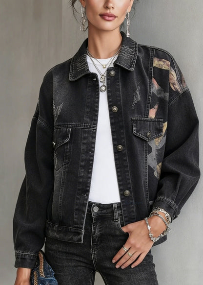 Black Peter Pan Collar Pockets Print Denim Jackets Spring