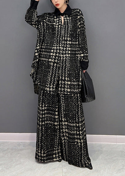 Black Peter Pan Collar Striped Woolen Top and Straight Pants Two Pieces Set Winter