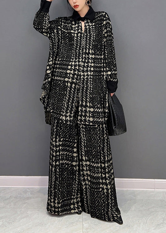 Black Peter Pan Collar Striped Woolen Top and Straight Pants Two Pieces Set Winter