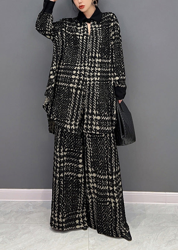 Black Peter Pan Collar Striped Woolen Top and Straight Pants Two Pieces Set Winter