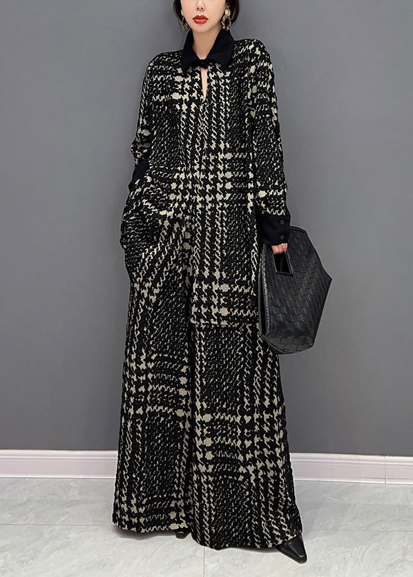 Black Peter Pan Collar Striped Woolen Top and Straight Pants Two Pieces Set Winter