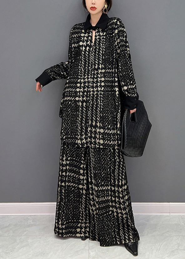 Black Peter Pan Collar Striped Woolen Top and Straight Pants Two Pieces Set Winter