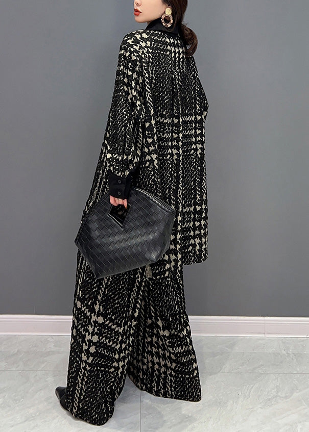 Black Peter Pan Collar Striped Woolen Top and Straight Pants Two Pieces Set Winter