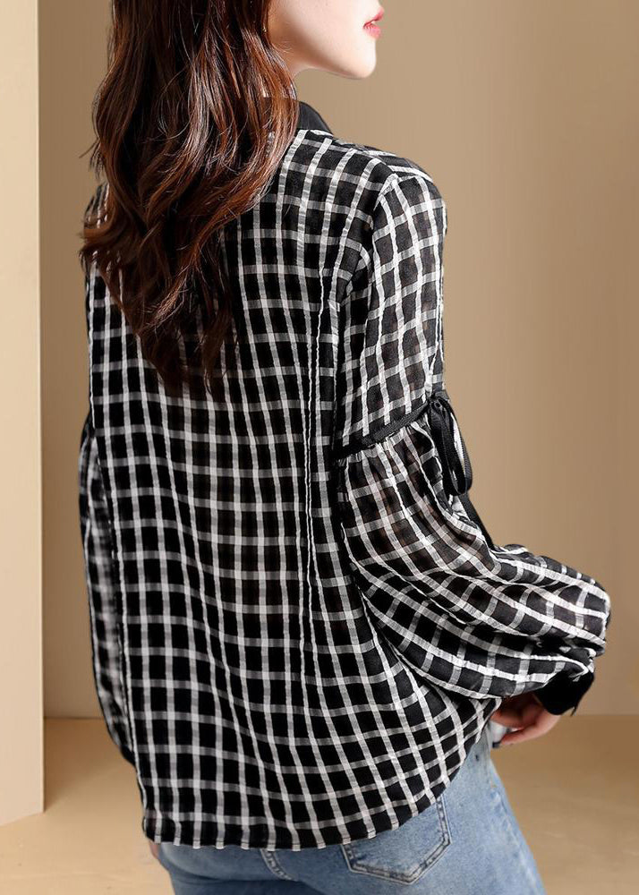 Black Plaid Patchwork Button Shirt Long Sleeve