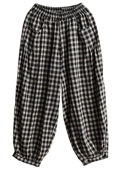 Black Plaid Pockets Patchwork Cotton Lantern Pants Summer