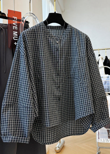 Casual Black Plaid Stand Collar Pockets Cotton Shirt Top Fall
