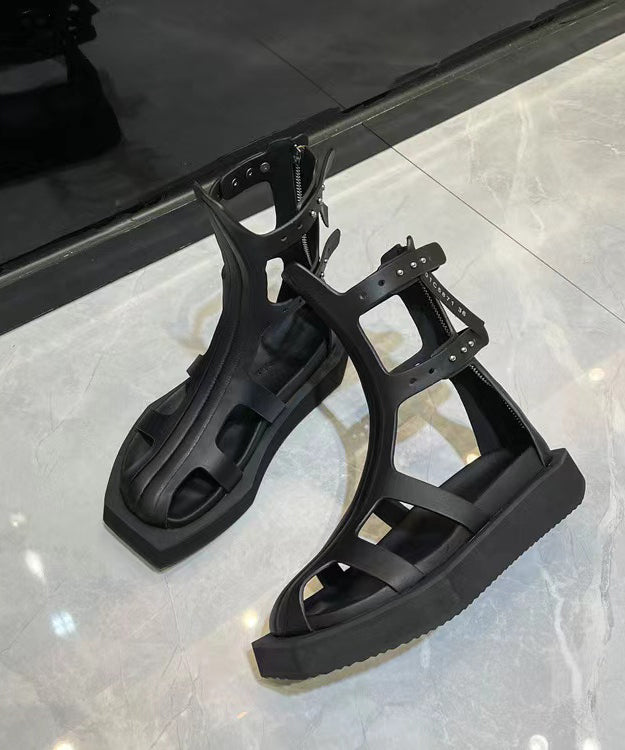 Black Platform Cowhide Leather Hollow Out Water Sandals