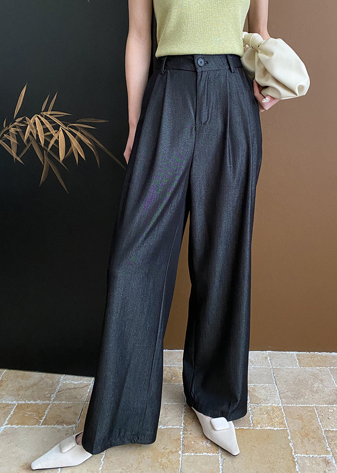 Black Pockets Cotton Wide Leg Pants Summer
