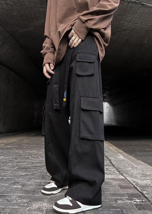 Black Pockets Elastic Waist Cotton Pants Fall