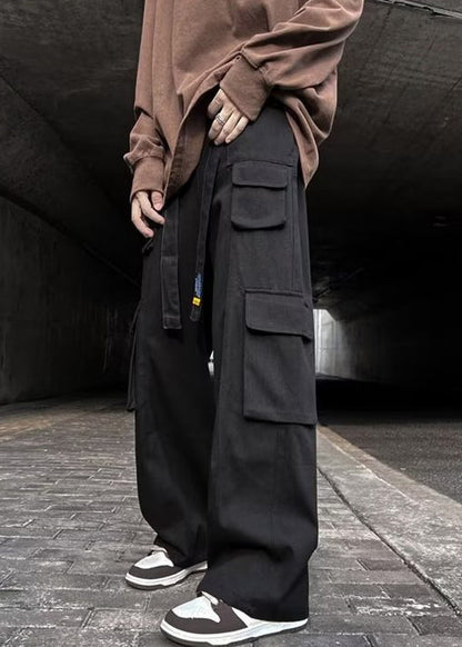 Black Pockets Elastic Waist Cotton Pants Fall