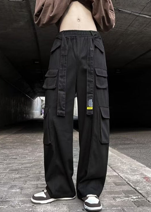 Black Pockets Elastic Waist Cotton Pants Fall