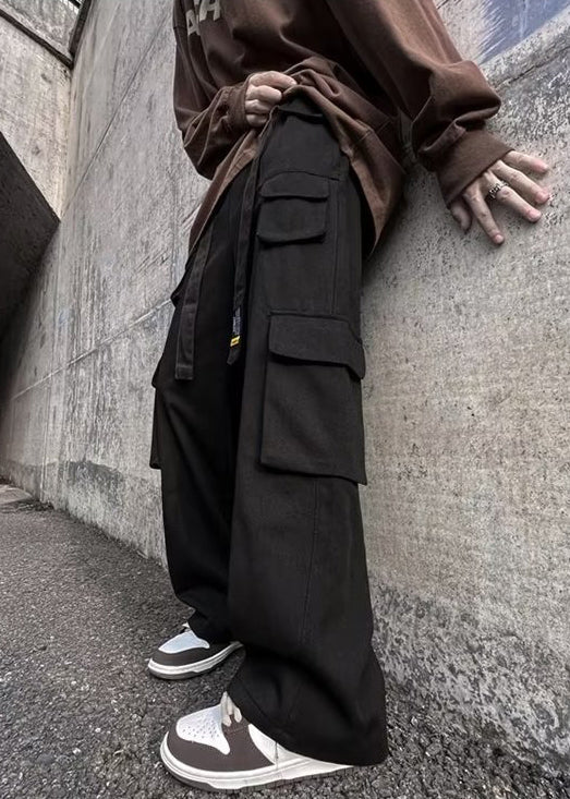Black Pockets Elastic Waist Cotton Pants Fall