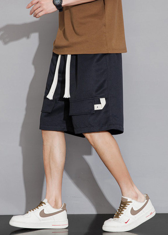 Black Pockets Elastic Waist Cotton Shorts Summer