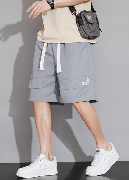 Black Pockets Elastic Waist Cotton Shorts Summer