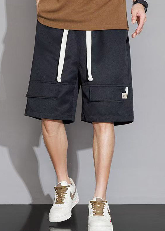 Black Pockets Elastic Waist Cotton Shorts Summer