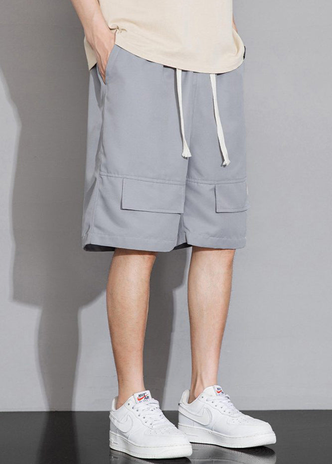 Black Pockets Elastic Waist Cotton Shorts Summer