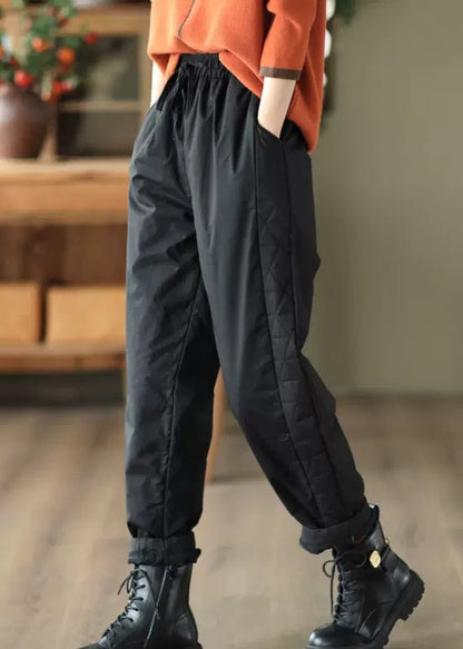 Black Pockets Elastic Waist Fine Cotton Filled Pants Winter