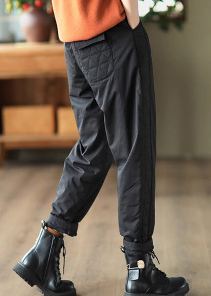 Black Pockets Elastic Waist Fine Cotton Filled Pants Winter