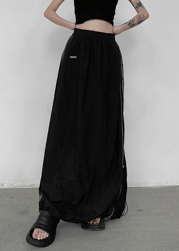 Black Pockets Elastic Waist Patchwork Cotton Maxi Skirts Fall