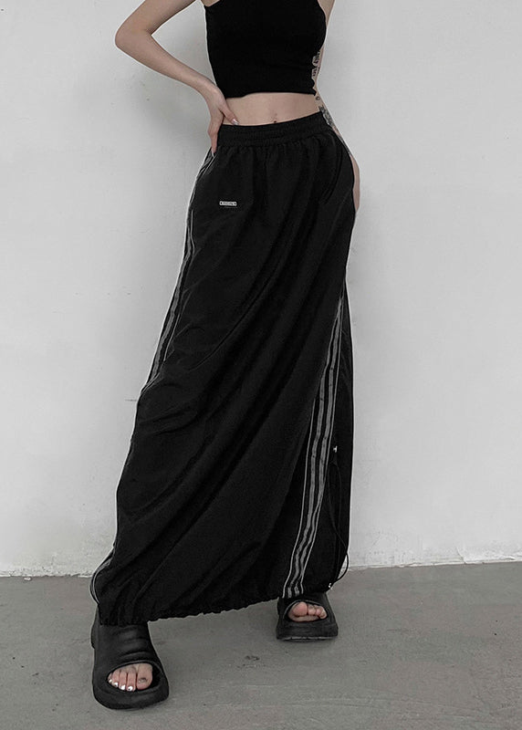Black Pockets Elastic Waist Patchwork Cotton Maxi Skirts Fall