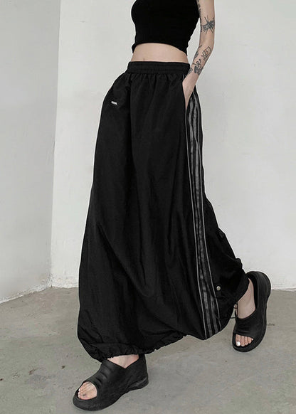 Black Pockets Elastic Waist Patchwork Cotton Maxi Skirts Fall